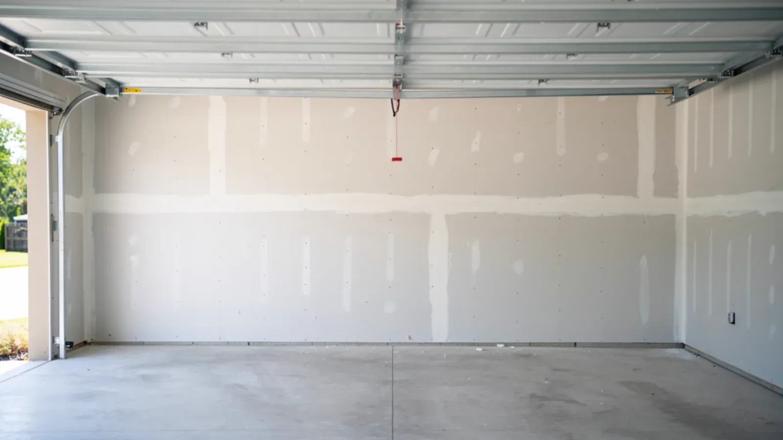 Residential garage interior with new bare gypsum drywall installed across the ceiling and shared house wall, concrete floor
